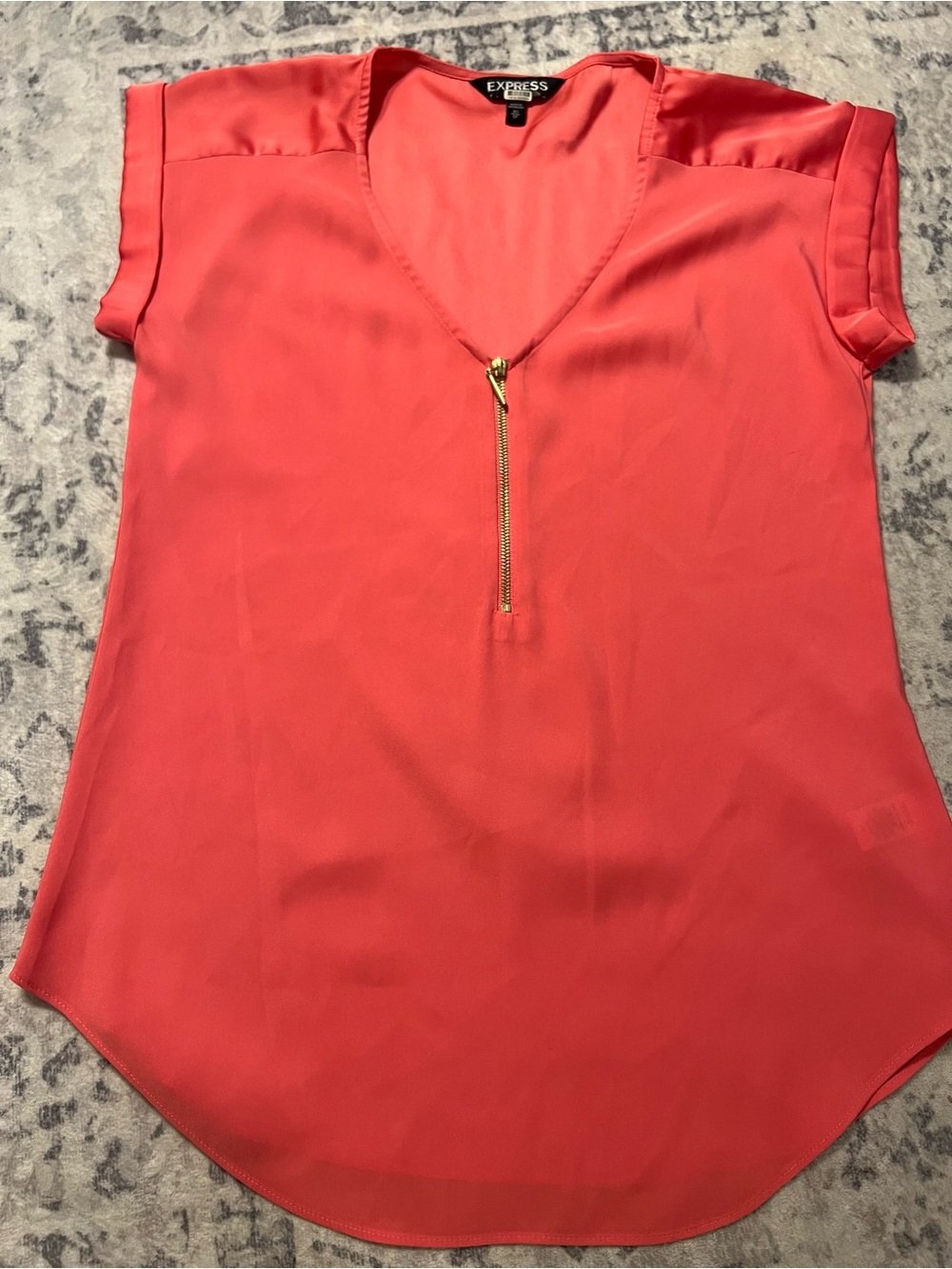 Express Coral Short-Sleeve V-Neck Blouse with Gold Zip